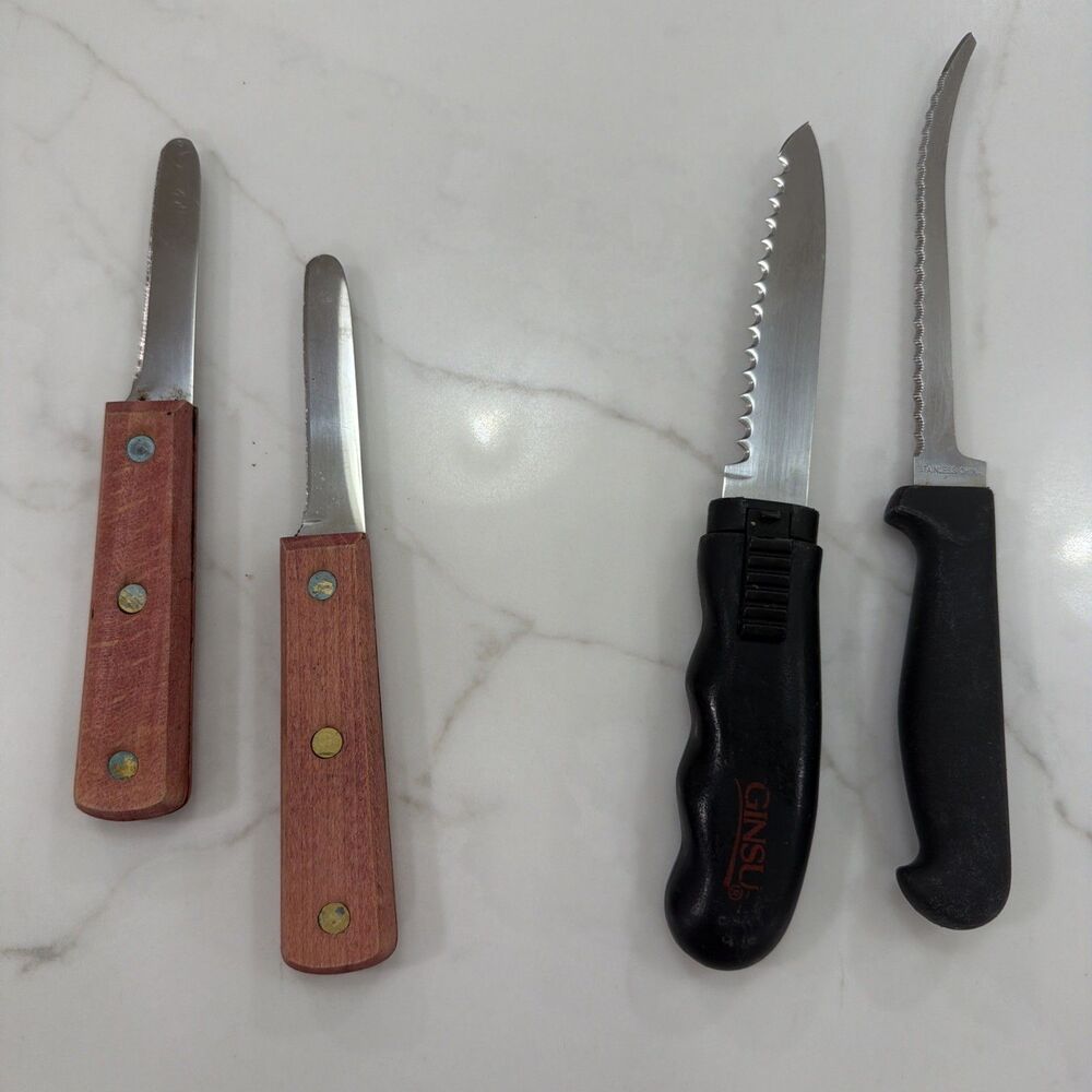 4 Vintage Knives 2 Oyster Clam Shuckers 2 Serrated Fish Knives 1 Ginsu